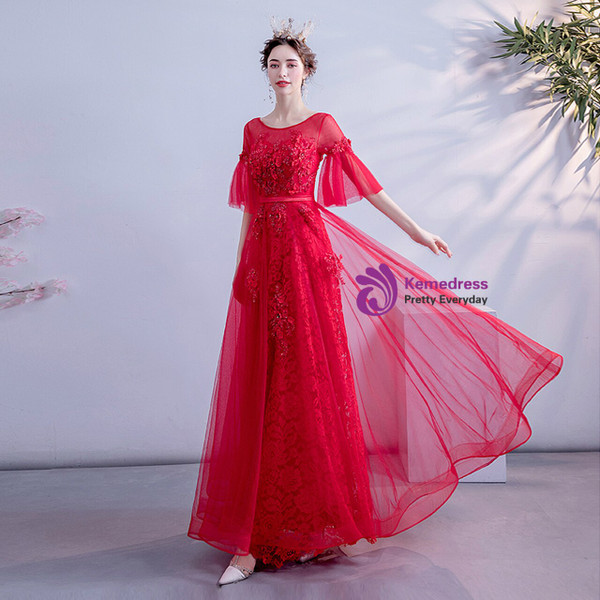 In Stock:Ship in 48 Hours Red Tulle Appliques Short Sleeve Prom Dress