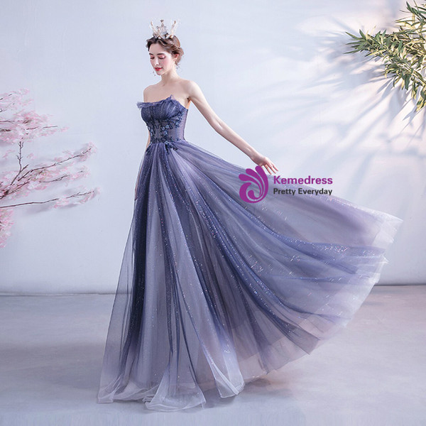 In Stock:Ship in 48 Hours Blue Tulle Sequins Strapless Prom Dress