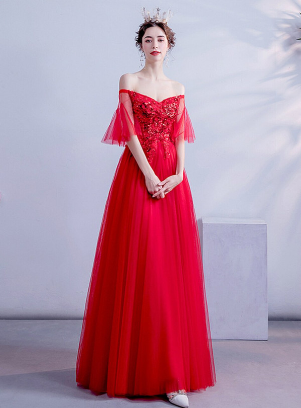 In Stock:Ship in 48 Hours Red Tulle Appliques Prom Dress