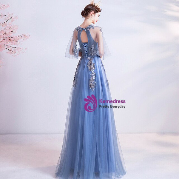In Stock:Ship in 48 Hours Blue Tulle Sequins Backless Prom Dress