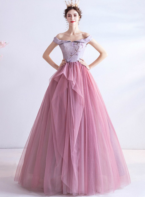 In Stock:Ship in 48 Hours Pink Tulle Sequins Prom Dress