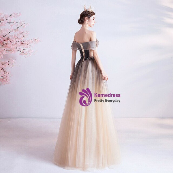 In Stock:Ship in 48 Hours Coffee Tulle Appliques Prom Dress