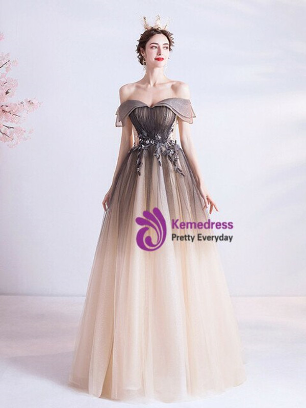 In Stock:Ship in 48 Hours Coffee Tulle Appliques Prom Dress