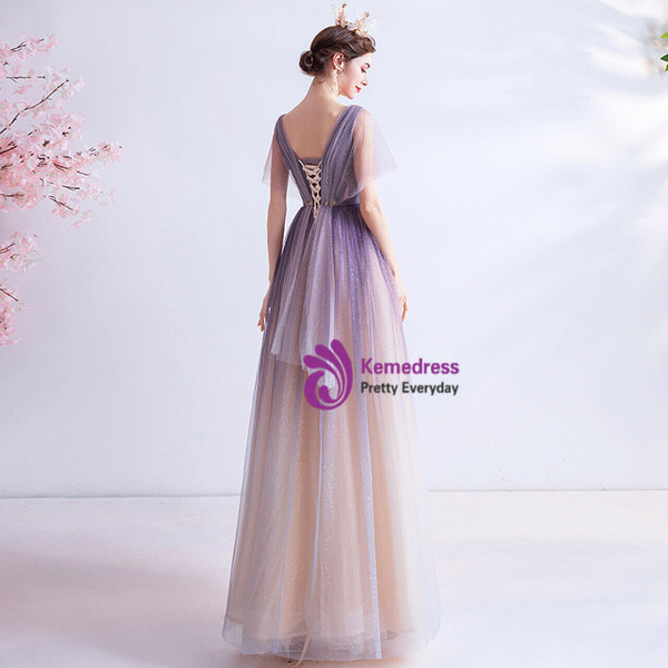 In Stock:Ship in 48 Hours Ilusion Purple V-neck Prom Dress