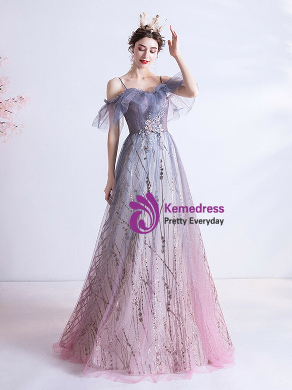 In Stock:Ship in 48 Hours Purple Spaghetti Straps Prom Dress