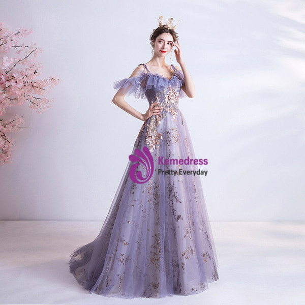 In Stock:Ship in 48 Hours Purple Sequins Tulle Appliques Prom Dress