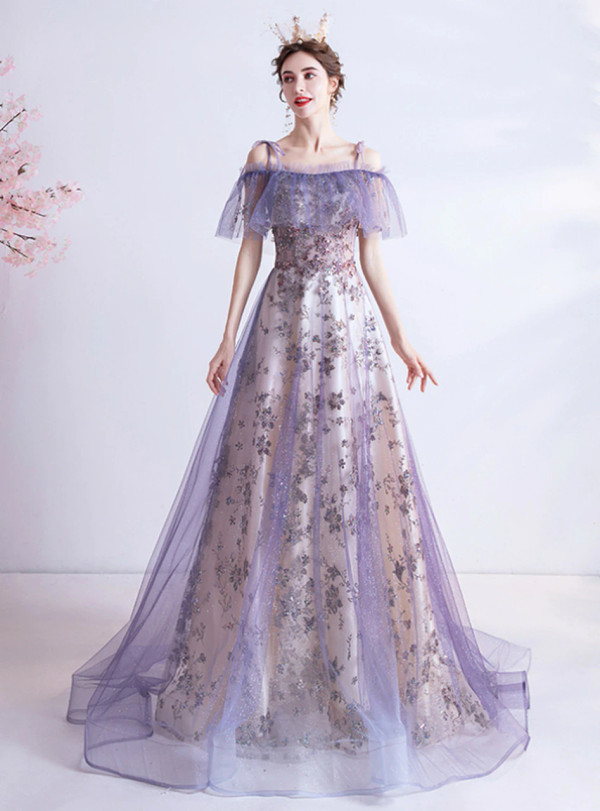 In Stock:Ship in 48 Hours Purple Sequins Spaghetti Straps Prom Dress