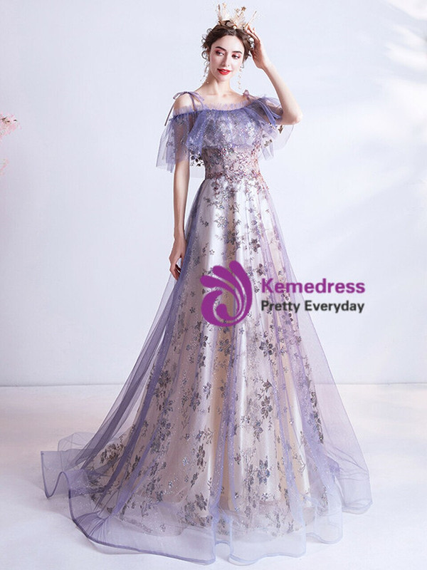 In Stock:Ship in 48 Hours Purple Sequins Spaghetti Straps Prom Dress