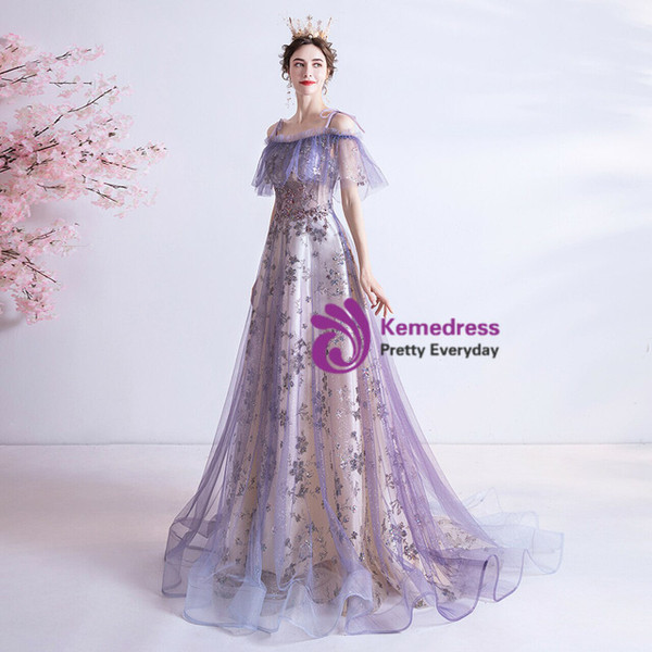 In Stock:Ship in 48 Hours Purple Sequins Spaghetti Straps Prom Dress