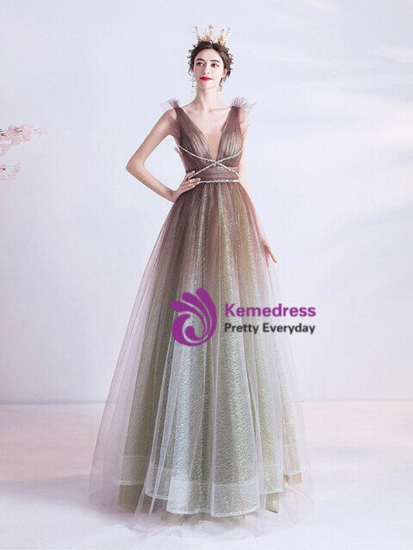 In Stock:Ship in 48 Hours Coffee Tulle V-neck Prom Dress
