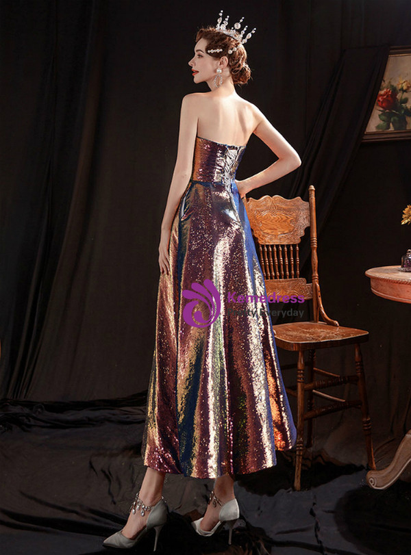 In Stock:Ship in 48 Hours Purple Sequins Tea Length Prom Dress