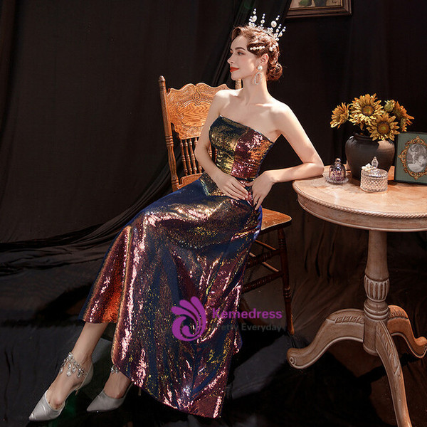 In Stock:Ship in 48 Hours Purple Sequins Tea Length Prom Dress