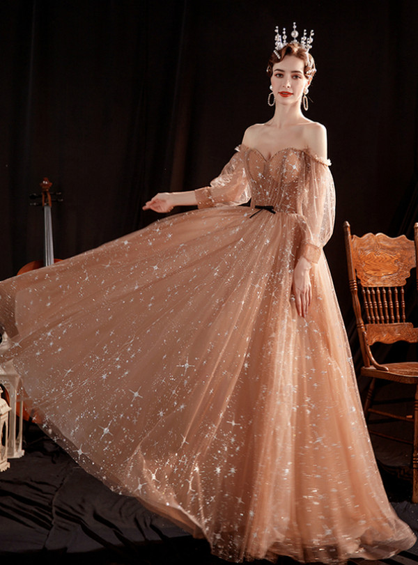 In Stock:Ship in 48 Hours Coffee Long Sleeve Tulle Prom Dress