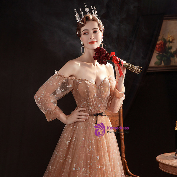 In Stock:Ship in 48 Hours Coffee Long Sleeve Tulle Prom Dress