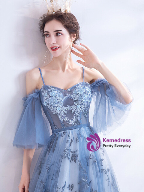 In Stock:Ship in 48 Hours Blue Tulle Sequins Beading Corset Prom Dress