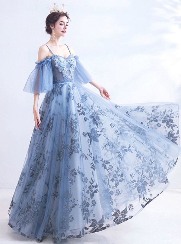 In Stock:Ship in 48 Hours Blue Tulle Sequins Beading Corset Prom Dress