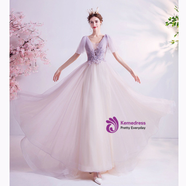 In Stock:Ship in 48 Hours Light Purple Illusion V-neck Appliques Prom Dress