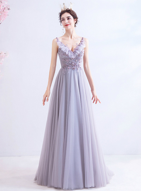 In Stock:Ship in 48 Hours Purple Tulle V-neck Beading Prom Dress