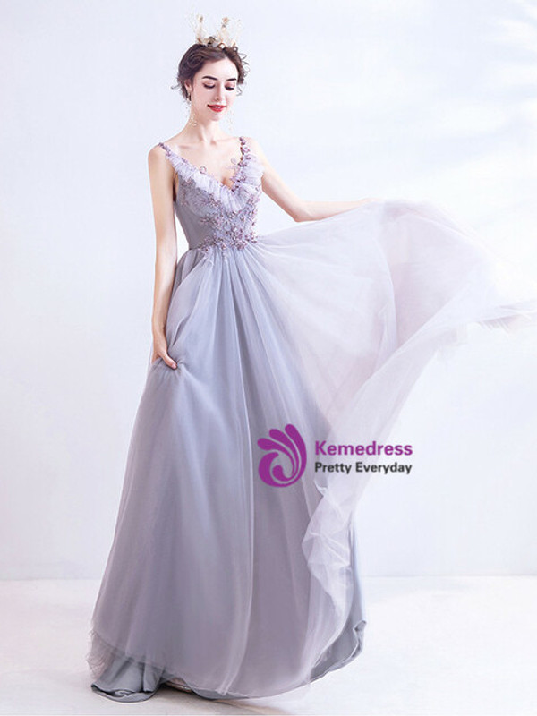 In Stock:Ship in 48 Hours Purple Tulle V-neck Beading Prom Dress