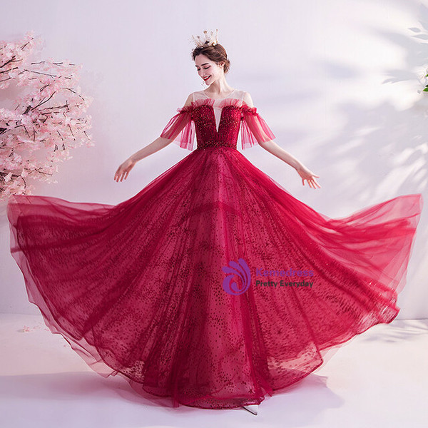 In Stock:Ship in 48 Hours Burgundy Tulle Sequins Beading Prom Dress