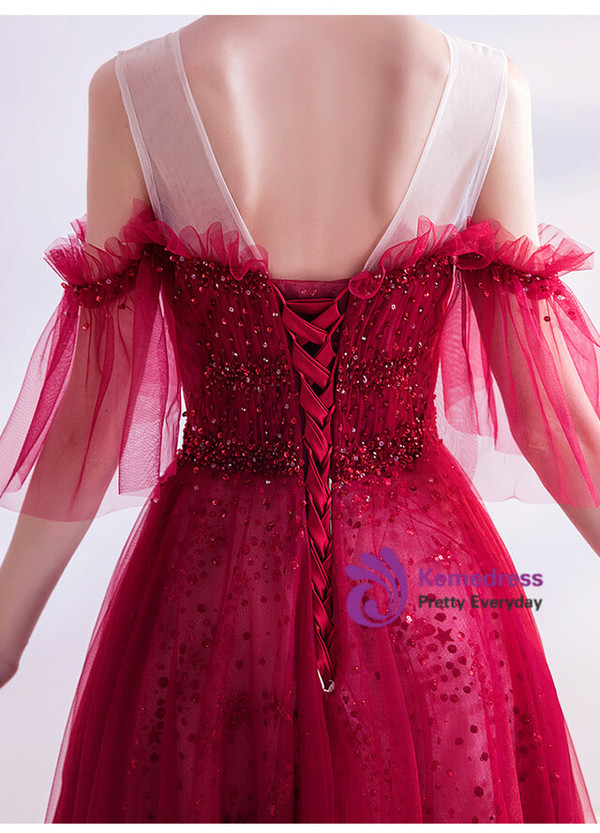 In Stock:Ship in 48 Hours Burgundy Tulle Sequins Beading Prom Dress