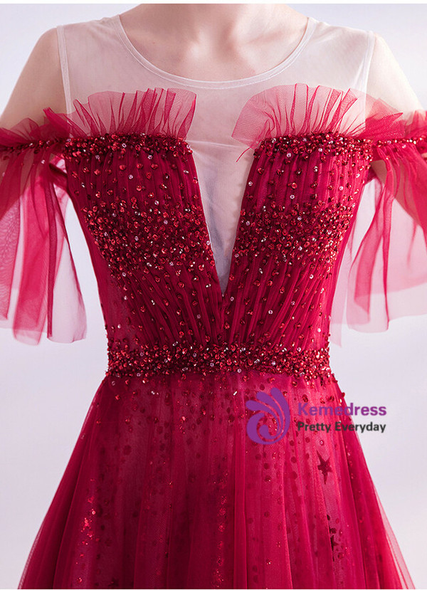In Stock:Ship in 48 Hours Burgundy Tulle Sequins Beading Prom Dress