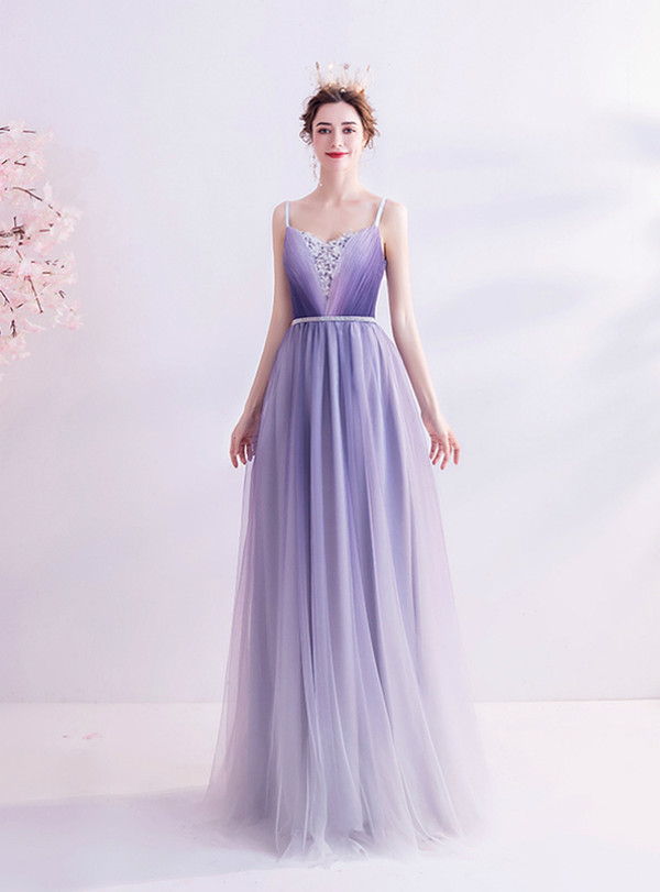 In Stock:Ship in 48 Hours Purple Tulle Appliques Beading Prom Dress