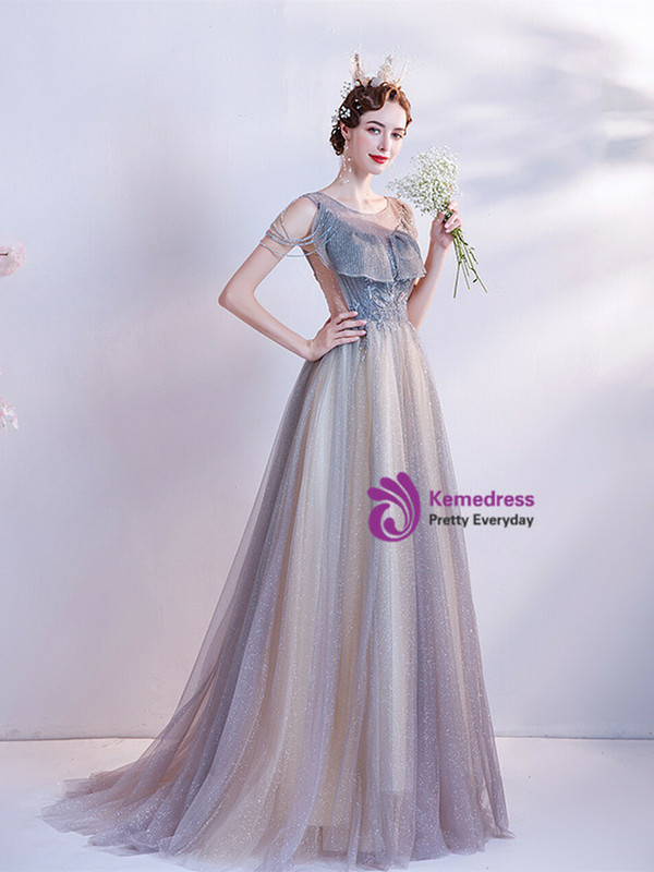 In Stock:Ship in 48 Hours Blue Beading Tulle Backless Prom Dress