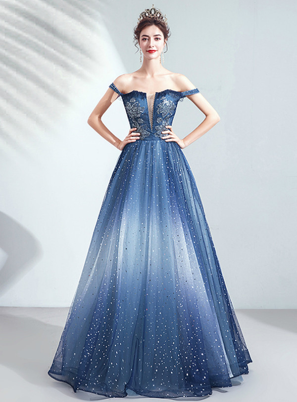 In Stock:Ship in 48 Hours Blue Sequins Illusion V-neck Prom Dress