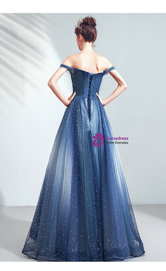 In Stock:Ship in 48 Hours Blue Sequins Illusion V-neck Prom Dress