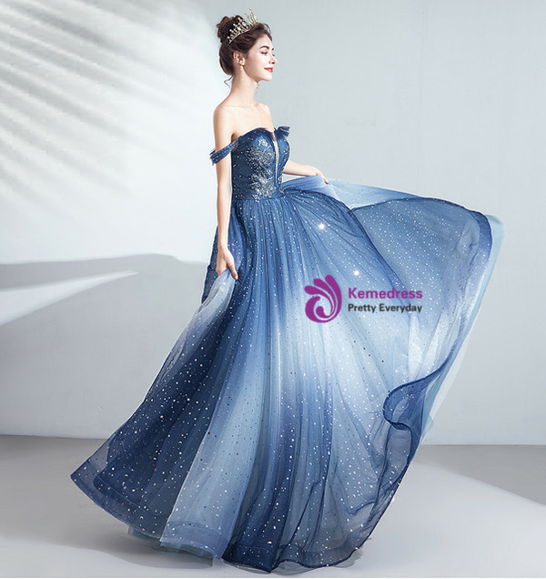 In Stock:Ship in 48 Hours Blue Sequins Illusion V-neck Prom Dress