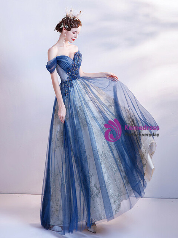In Stock:Ship in 48 Hours Blue Tulle Sequins Beading Pleats Prom Dress
