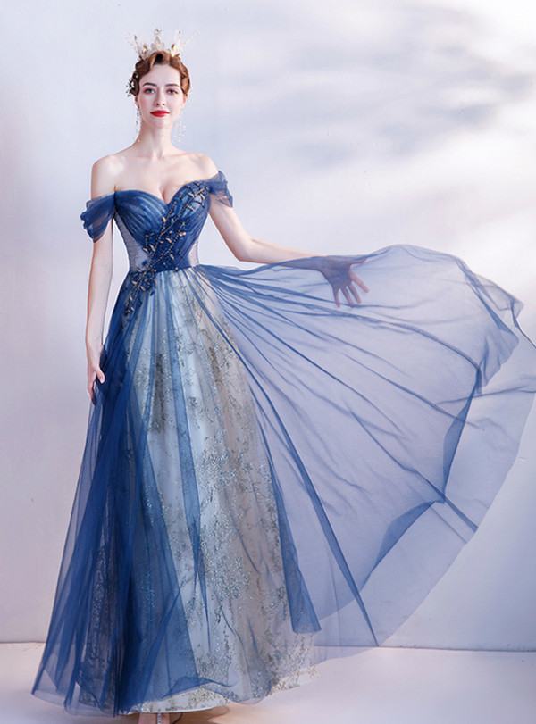 In Stock:Ship in 48 Hours Blue Tulle Sequins Beading Pleats Prom Dress