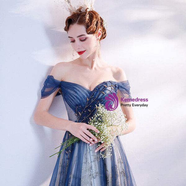 In Stock:Ship in 48 Hours Blue Tulle Sequins Beading Pleats Prom Dress