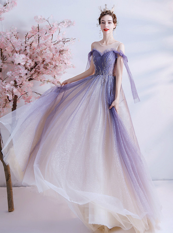 In Stock:Ship in 48 Hours Purple Sequins Pleats Beading Prom Dress