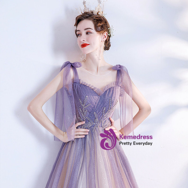 In Stock:Ship in 48 Hours Purple Sequins Pleats Beading Prom Dress