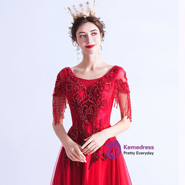 In Stock:Ship in 48 Hours Red Tulle Tassel Beading Prom Dress