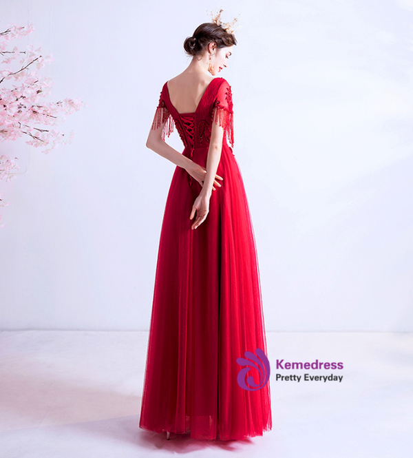 In Stock:Ship in 48 Hours Red Tulle Tassel Beading Prom Dress