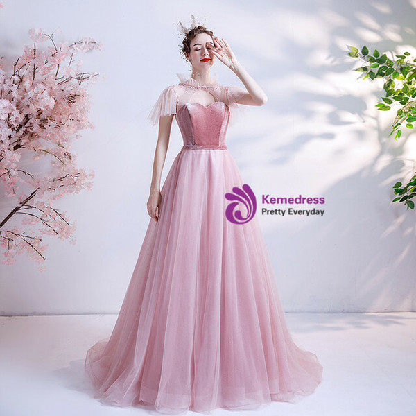 In Stock:Ship in 48 Hours Pink Tulle Velvet Illusion Back Prom Dress