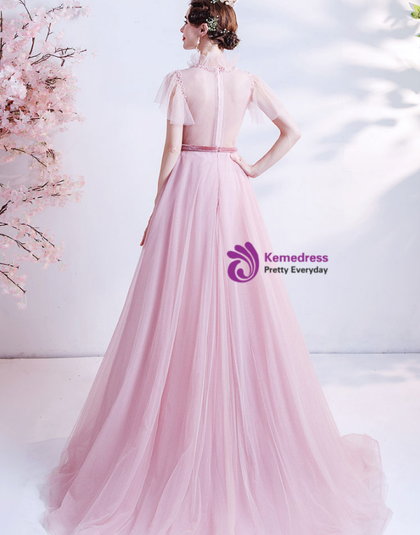 In Stock:Ship in 48 Hours Pink Tulle Velvet Illusion Back Prom Dress