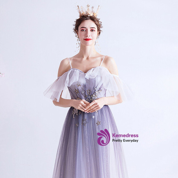 In Stock:Ship in 48 Hours Purple Sequins Tulle Spaghetti Straps Prom Dress