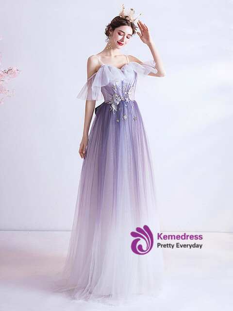 In Stock:Ship in 48 Hours Purple Sequins Tulle Spaghetti Straps Prom Dress