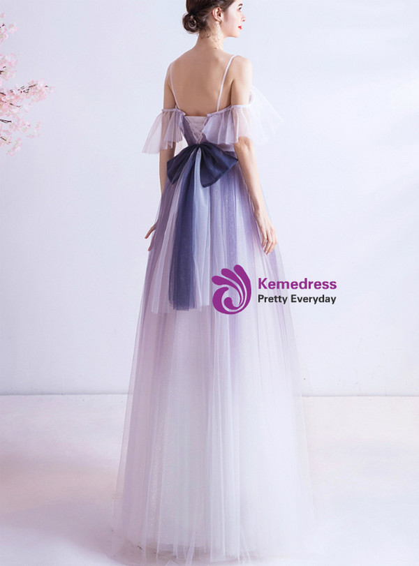 In Stock:Ship in 48 Hours Purple Sequins Tulle Spaghetti Straps Prom Dress