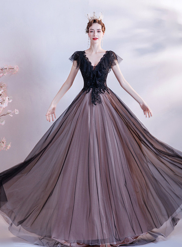 In Stock:Ship in 48 Hours Black V-neck Beading Prom Dress