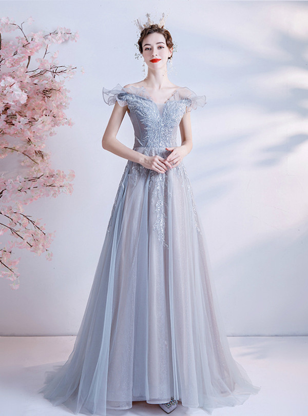 In Stock:Ship in 48 Hours Gray Sequins Tulle Prom Dress