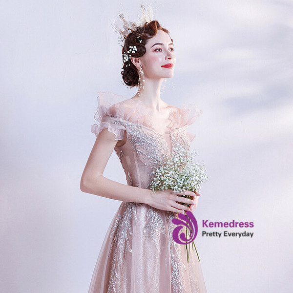 In Stock:Ship in 48 Hours Pink Sequins Off the Shoulder Prom Dress