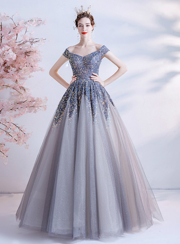 In Stock:Ship in 48 Hours Elegant Blue Tulle Sequins Prom Dress