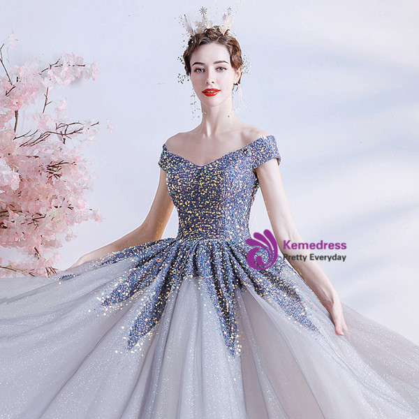 In Stock:Ship in 48 Hours Elegant Blue Tulle Sequins Prom Dress