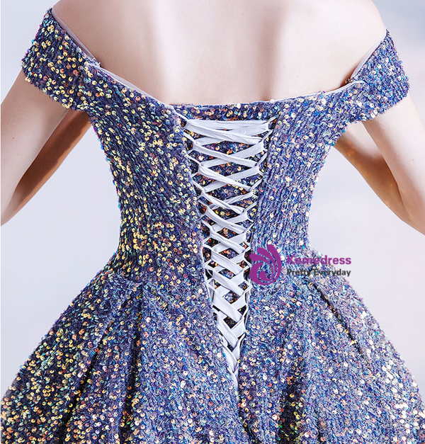 In Stock:Ship in 48 Hours Elegant Blue Tulle Sequins Prom Dress