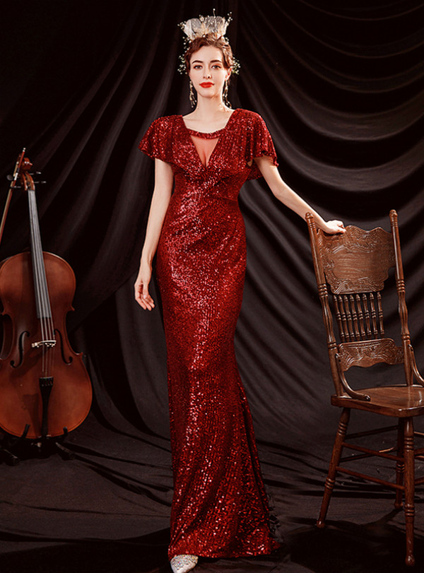 In Stock:Ship in 48 Hours Burgundy Mermaid Sequins Illusion Prom Dress